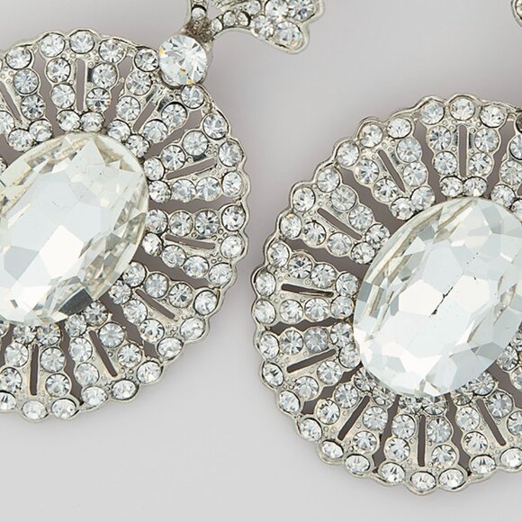 Clip On Statement Crystal Drop Earrings Oval Clear Rhinestone Silver Tone Glam - Picture 2 of 7